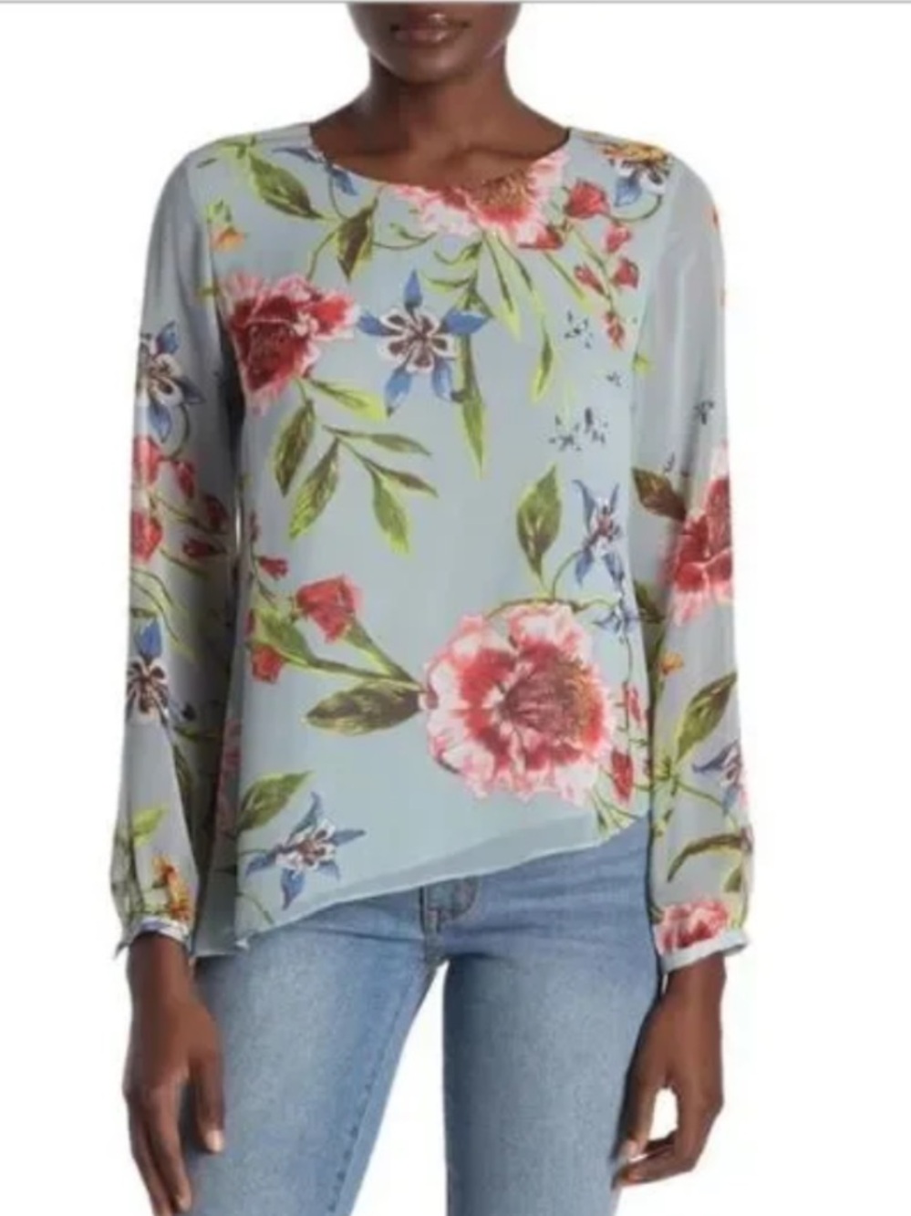 Rachel Roy Top Blouse Floral Sheer Sleeves Size Small Beautiful Blue Tunic